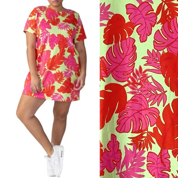 Sanctuary Dresses & Skirts - SANCTUARY Tropical Palm Print T-Shirt Dress 1X Pink Chartreuse Resort Vacation